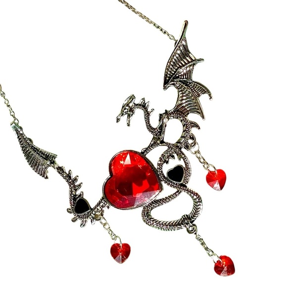 Goth Witchy Dragon Heart Crystal Pendant Necklace Halloween Cosplay - Picture 4 of 13